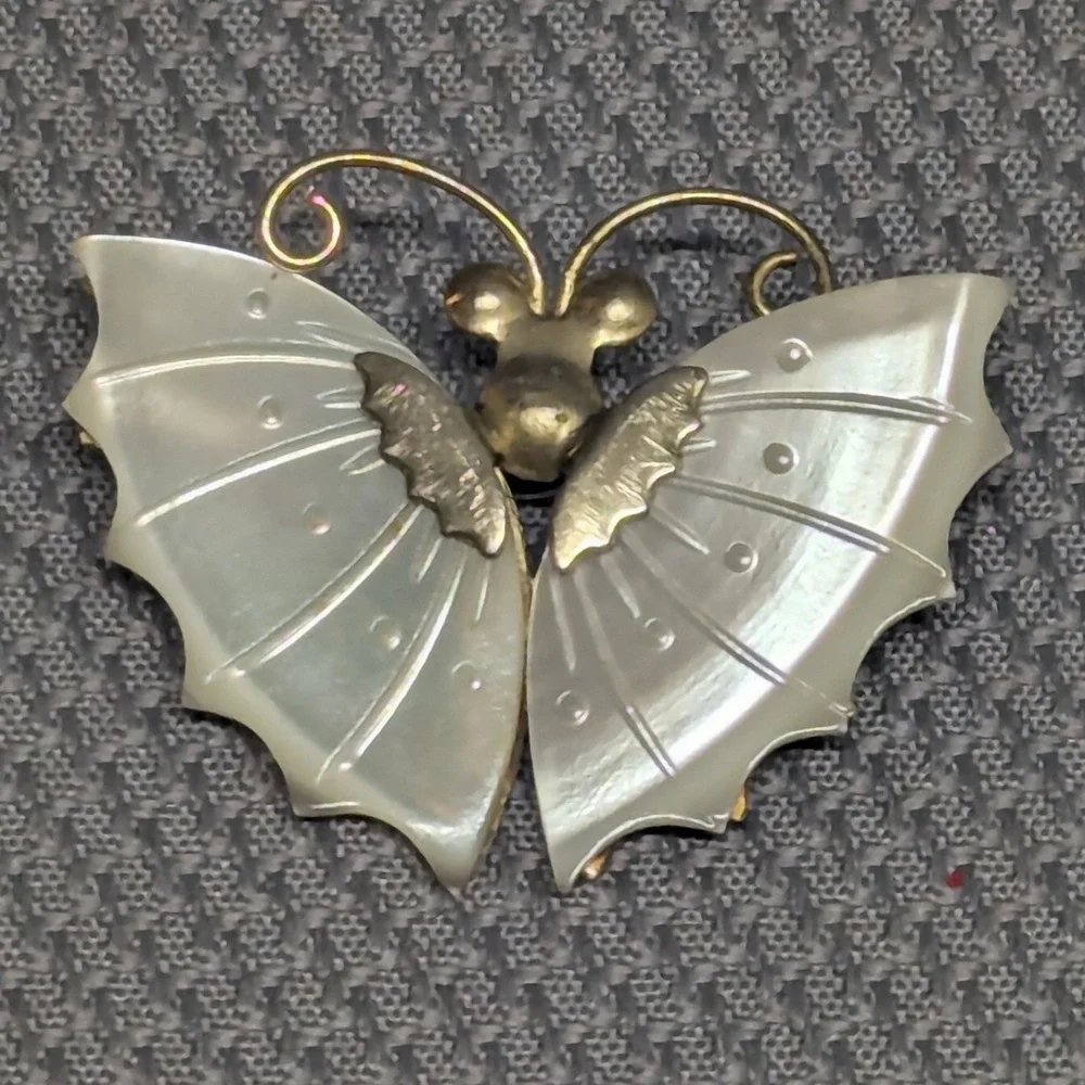 Vintage Mother of Pearl Butterfly Brooch Gold Tone Carved Shell Pin Iridescent